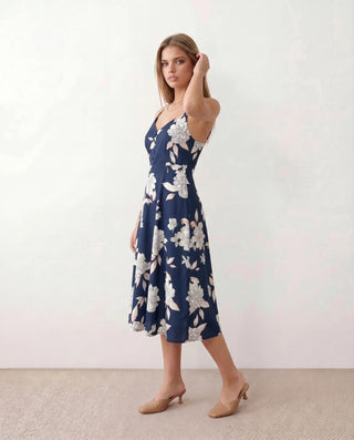 Talia Spaghetti Strap Floral Midi Dress in Floral Navy — side view