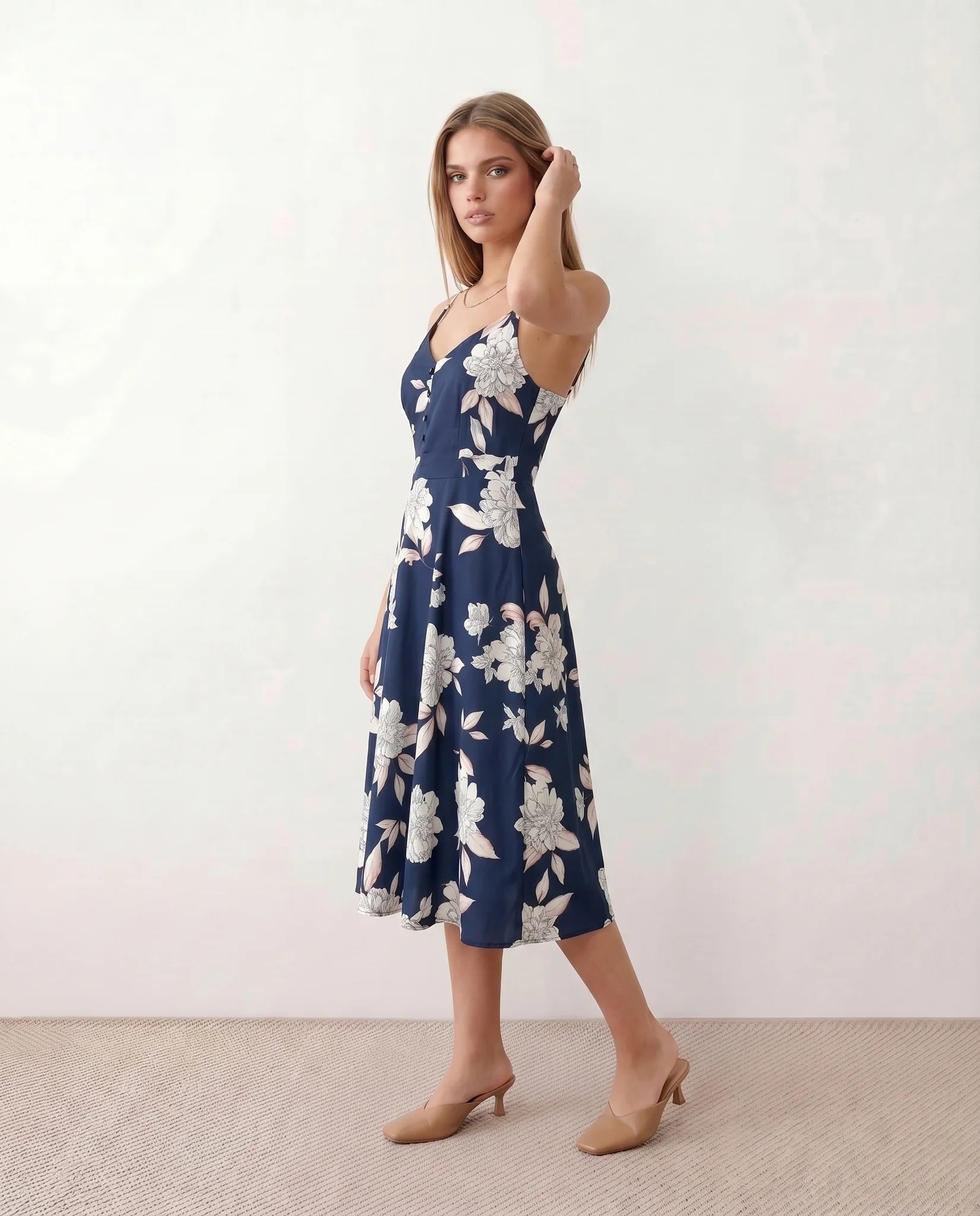 Talia Spaghetti Strap Floral Midi Dress in Floral Navy — side view