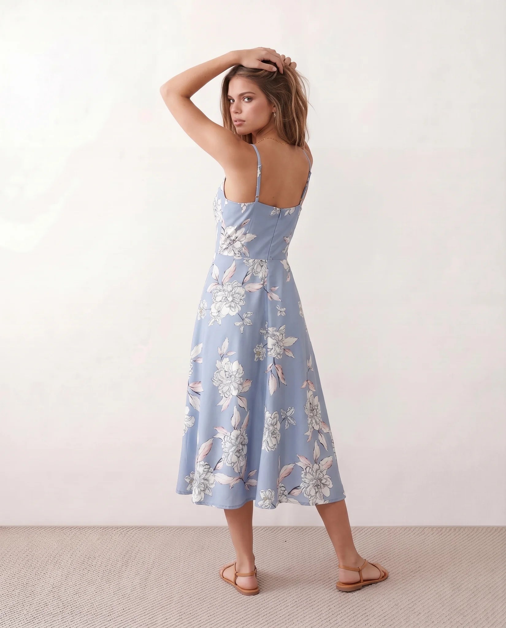 Talia Spaghetti Strap Floral Midi Dress in Floral Light Blue — back view