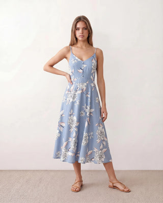 Talia Spaghetti Strap Floral Midi Dress in Floral Light Blue — front view