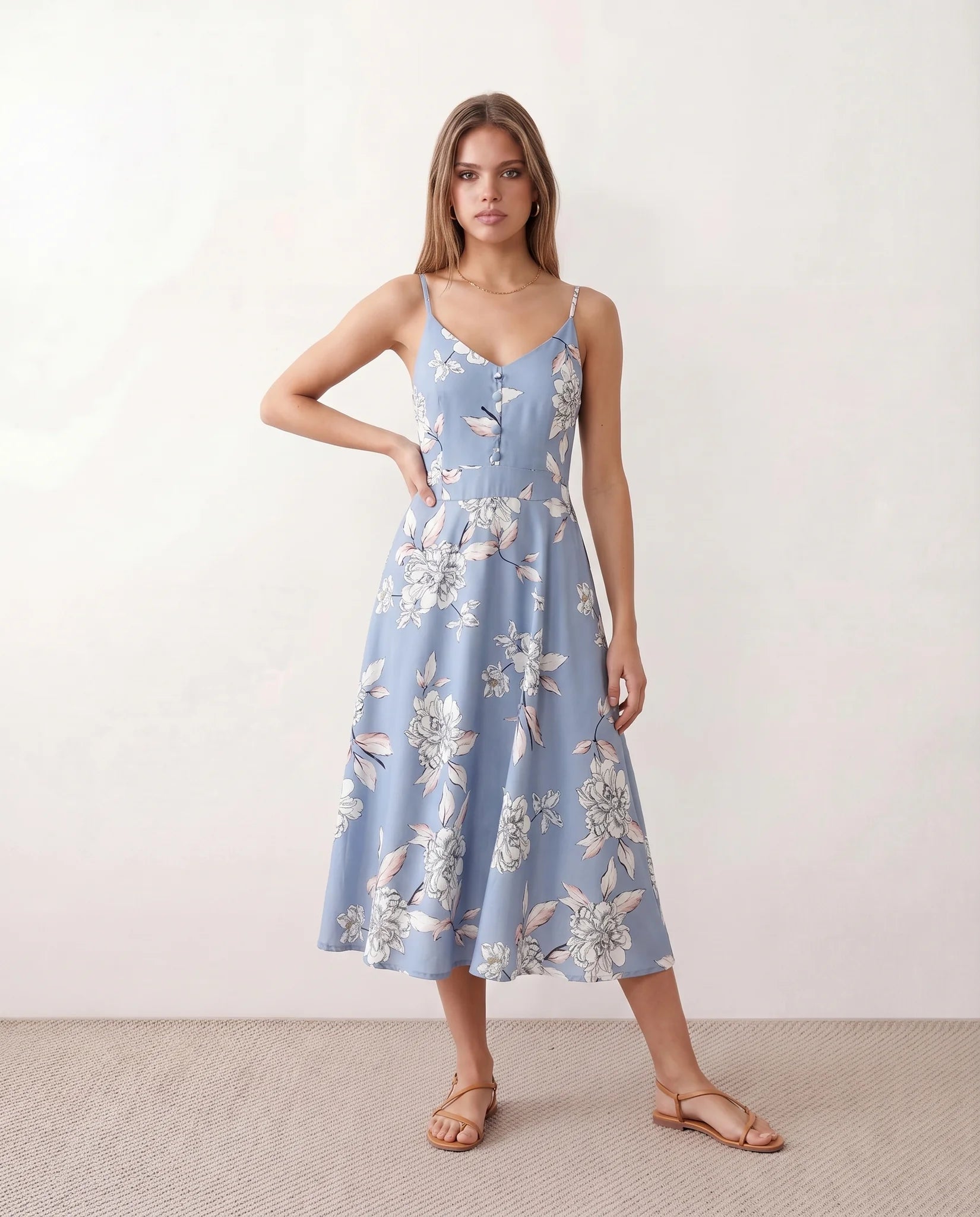 Talia Spaghetti Strap Floral Midi Dress in Floral Light Blue — front view