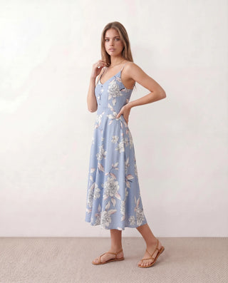 Talia Spaghetti Strap Floral Midi Dress in Floral Light Blue — side view