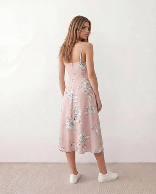 Talia Spaghetti Strap Floral Midi Dress in Floral Pink — back view