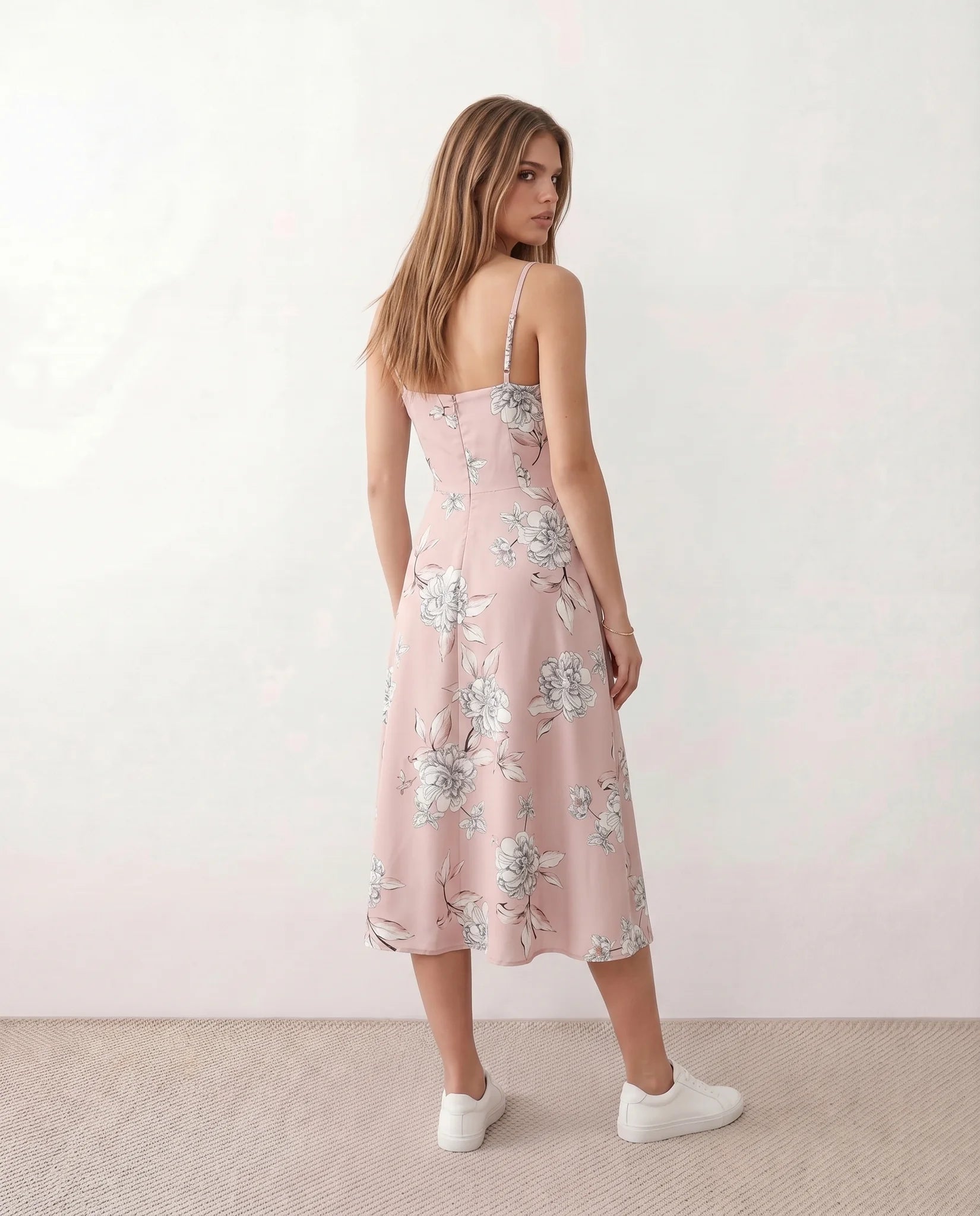 Talia Spaghetti Strap Floral Midi Dress in Floral Pink — back view
