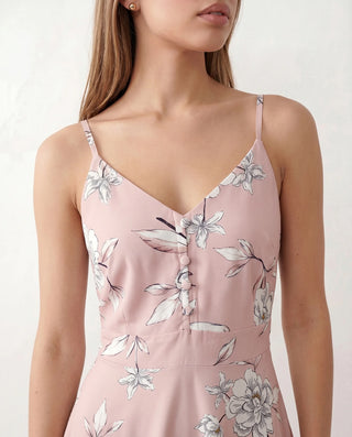 Talia Spaghetti Strap Floral Midi Dress in Floral Pink — detail close-up