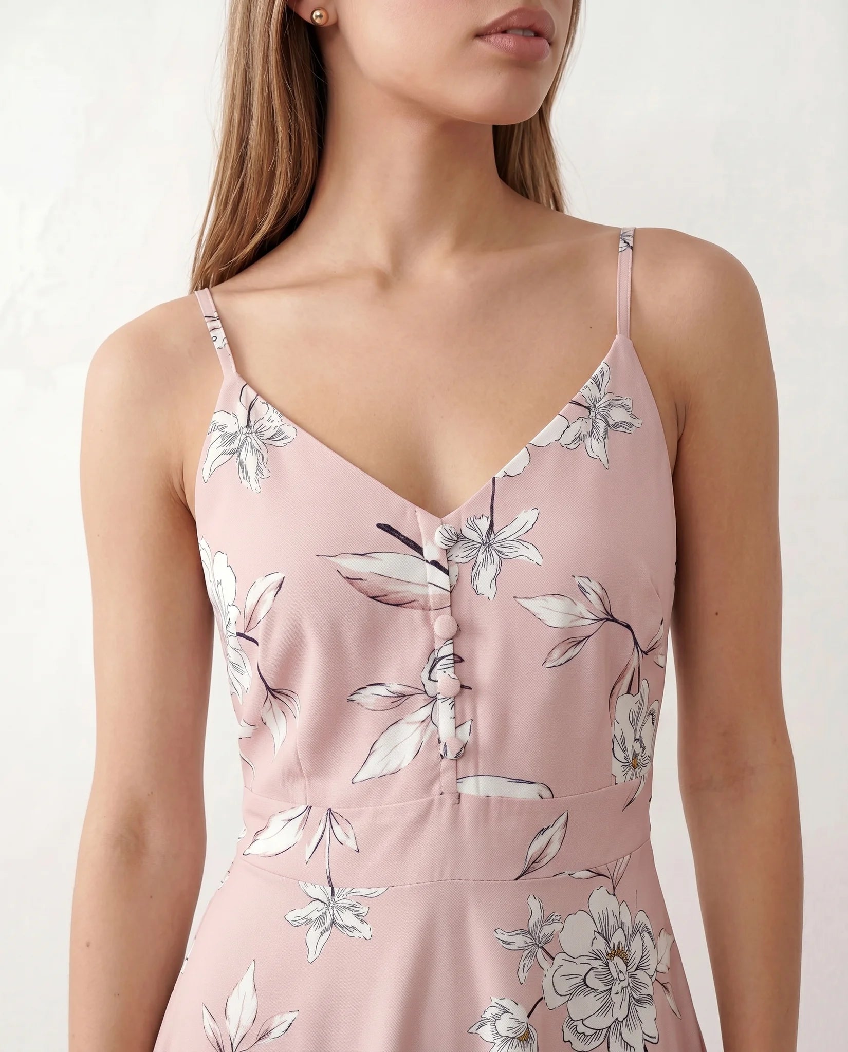 Talia Spaghetti Strap Floral Midi Dress in Floral Pink — detail close-up