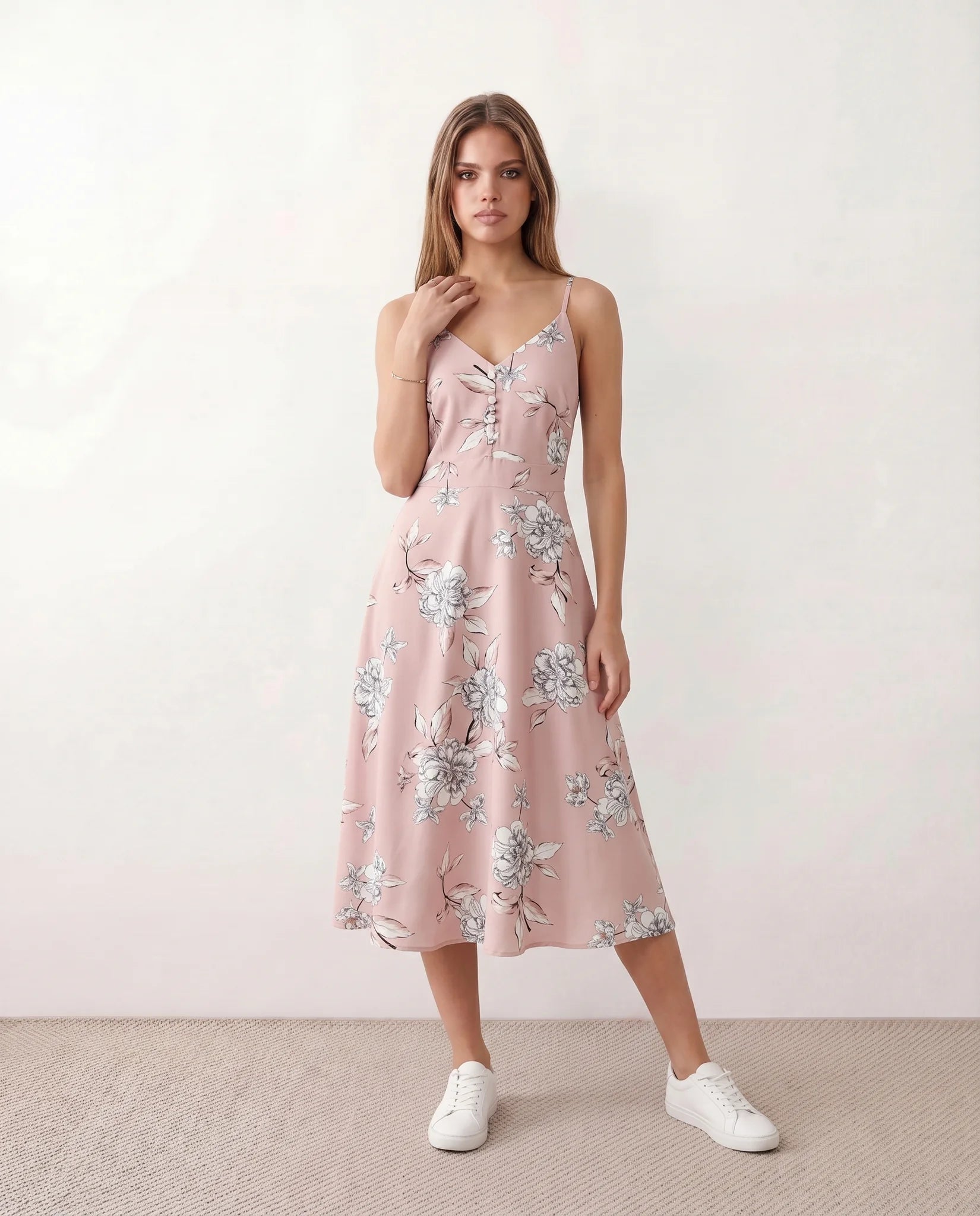 Talia Spaghetti Strap Floral Midi Dress in Floral Pink — front view