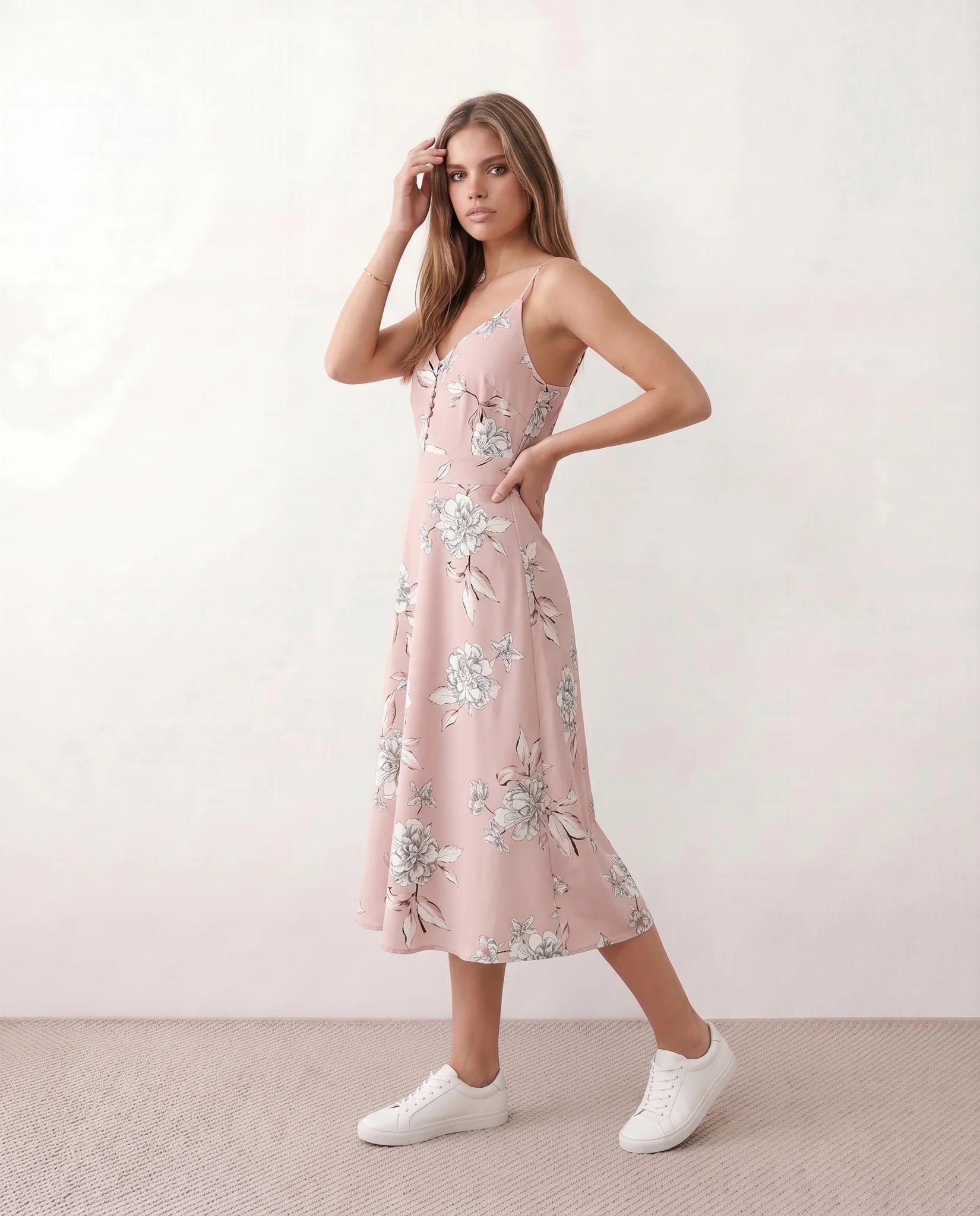 Talia Spaghetti Strap Floral Midi Dress in Floral Pink — side view
