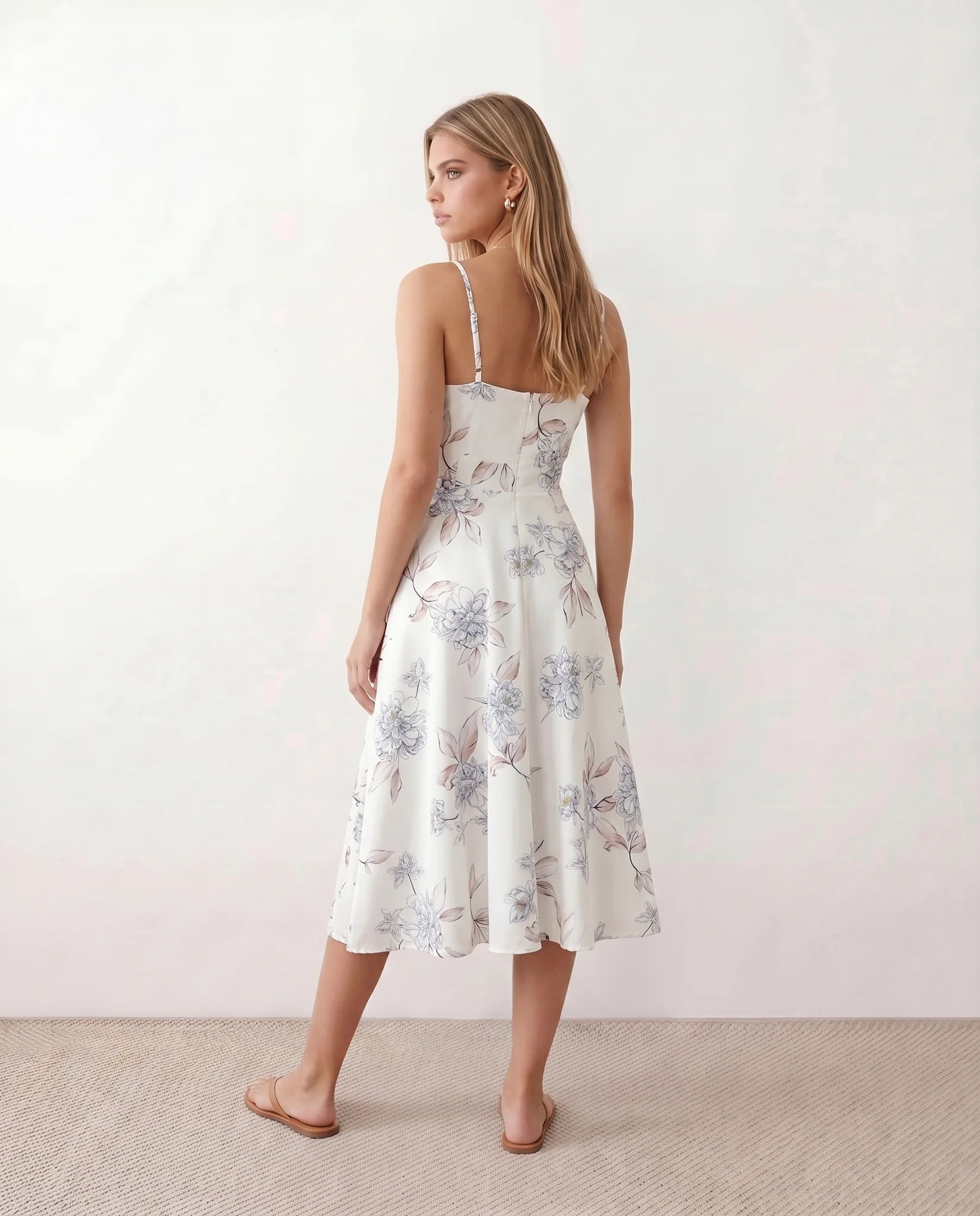 Talia Spaghetti Strap Floral Midi Dress in Floral White — back view