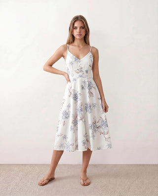 Talia Spaghetti Strap Floral Midi Dress in Floral White — front view
