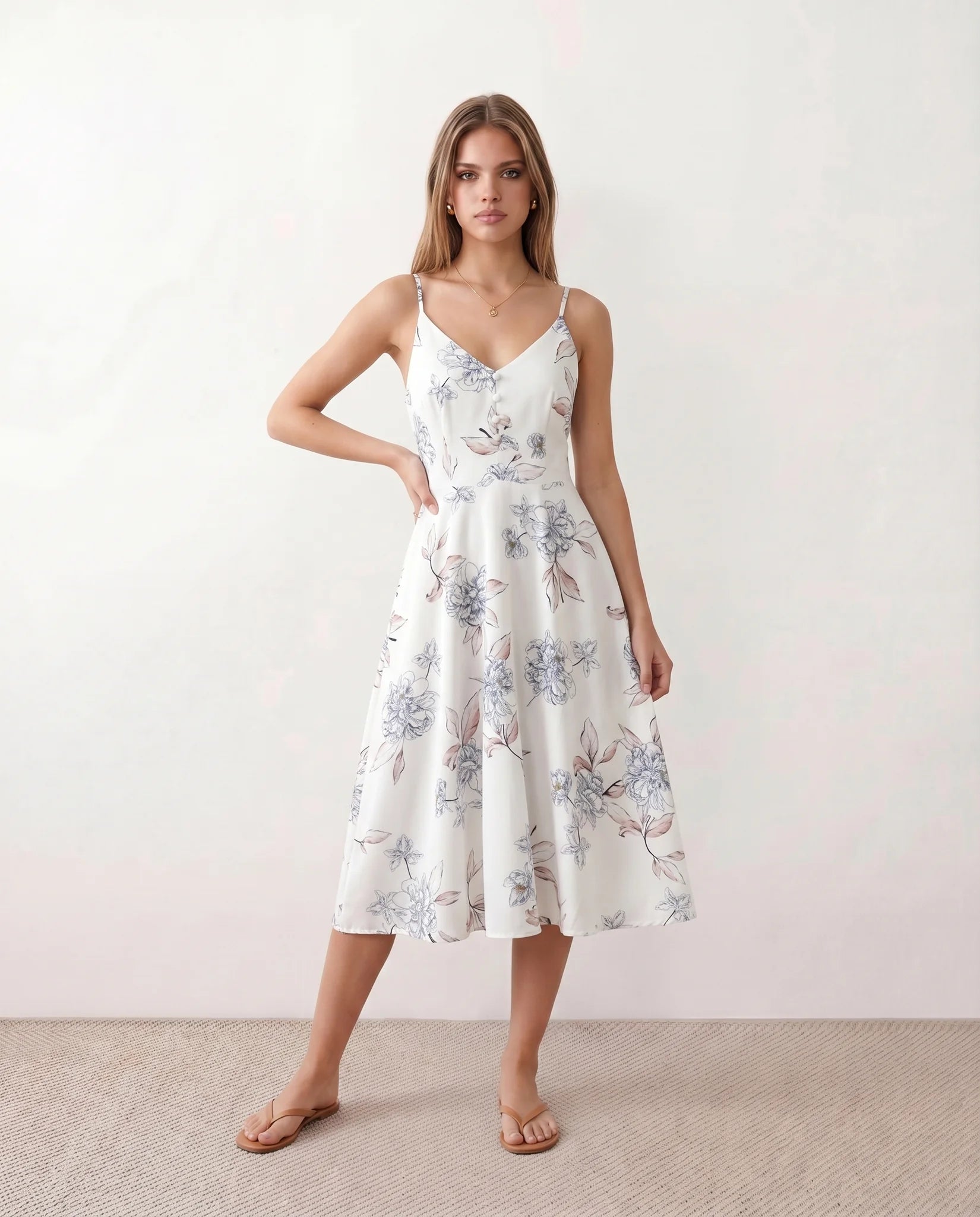 Talia Spaghetti Strap Floral Midi Dress in Floral White — front view