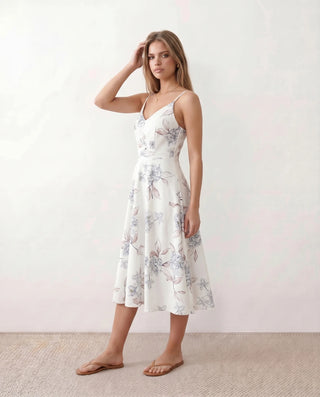 Talia Spaghetti Strap Floral Midi Dress in Floral White — side view