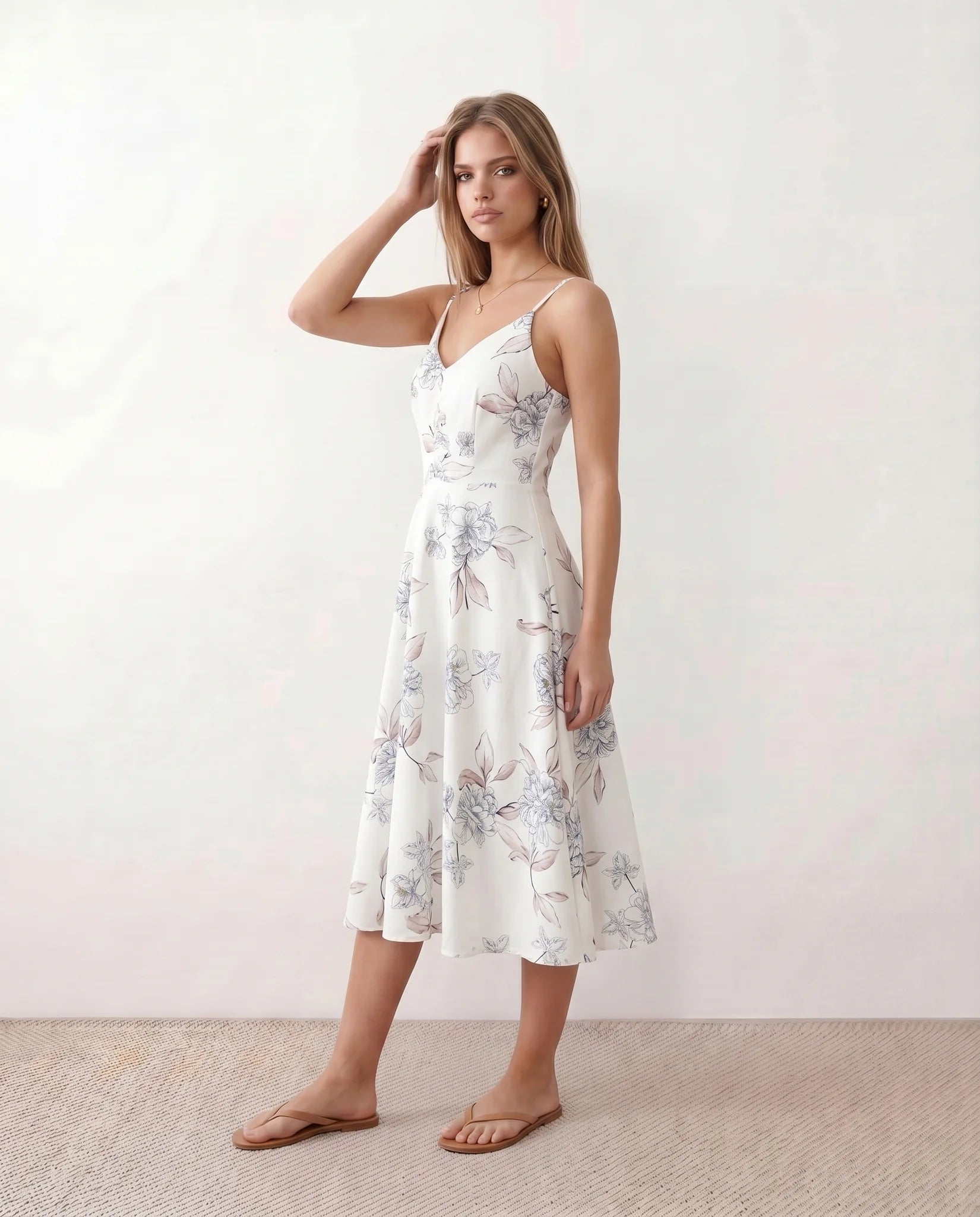 Talia Spaghetti Strap Floral Midi Dress in Floral White — side view