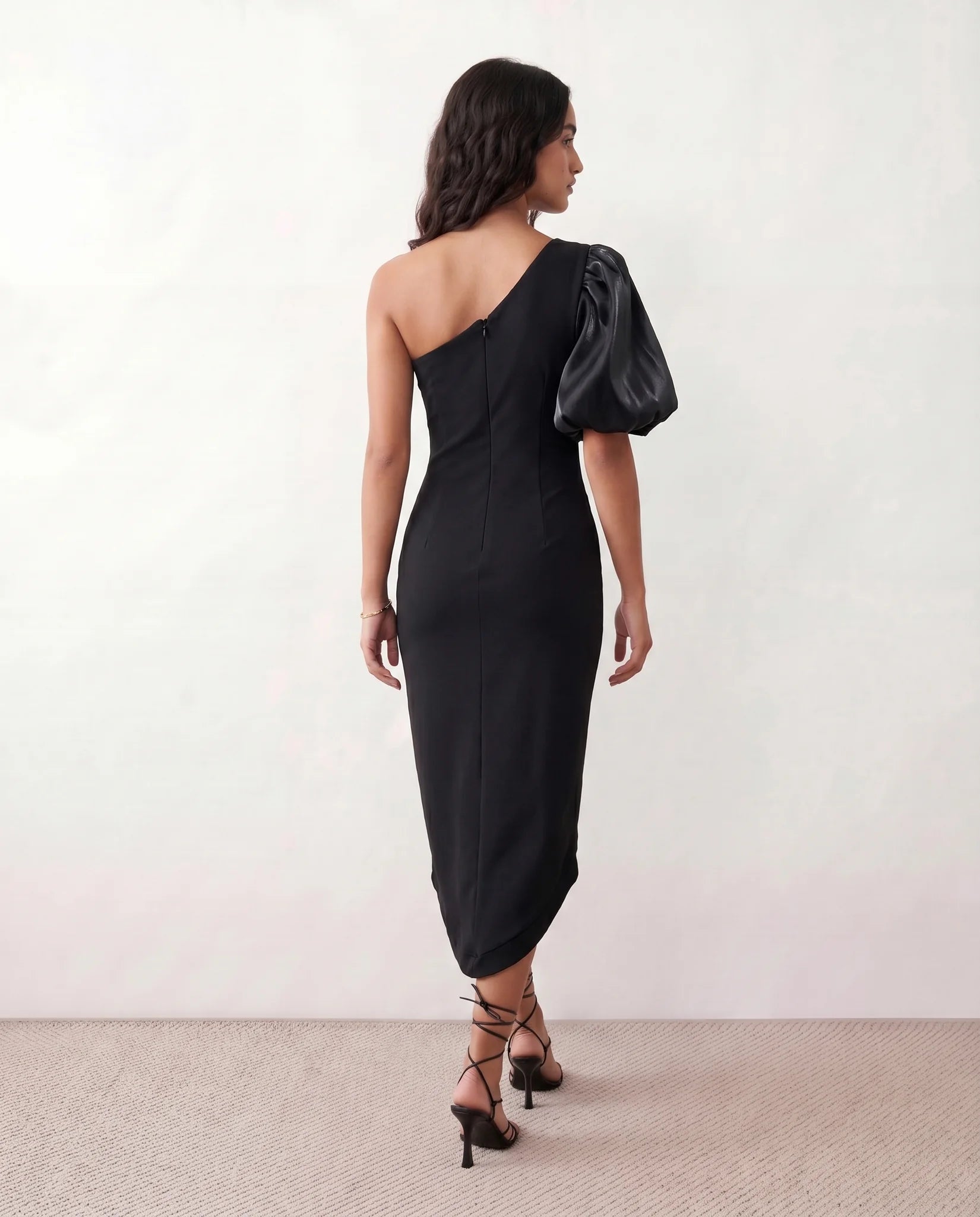 Cocktail Midi Dress - Asymmetric Neck Plunge Neck | Solaia Cocktail Midi Dress - Asymmetric Neck Plunge Neck | Solaia