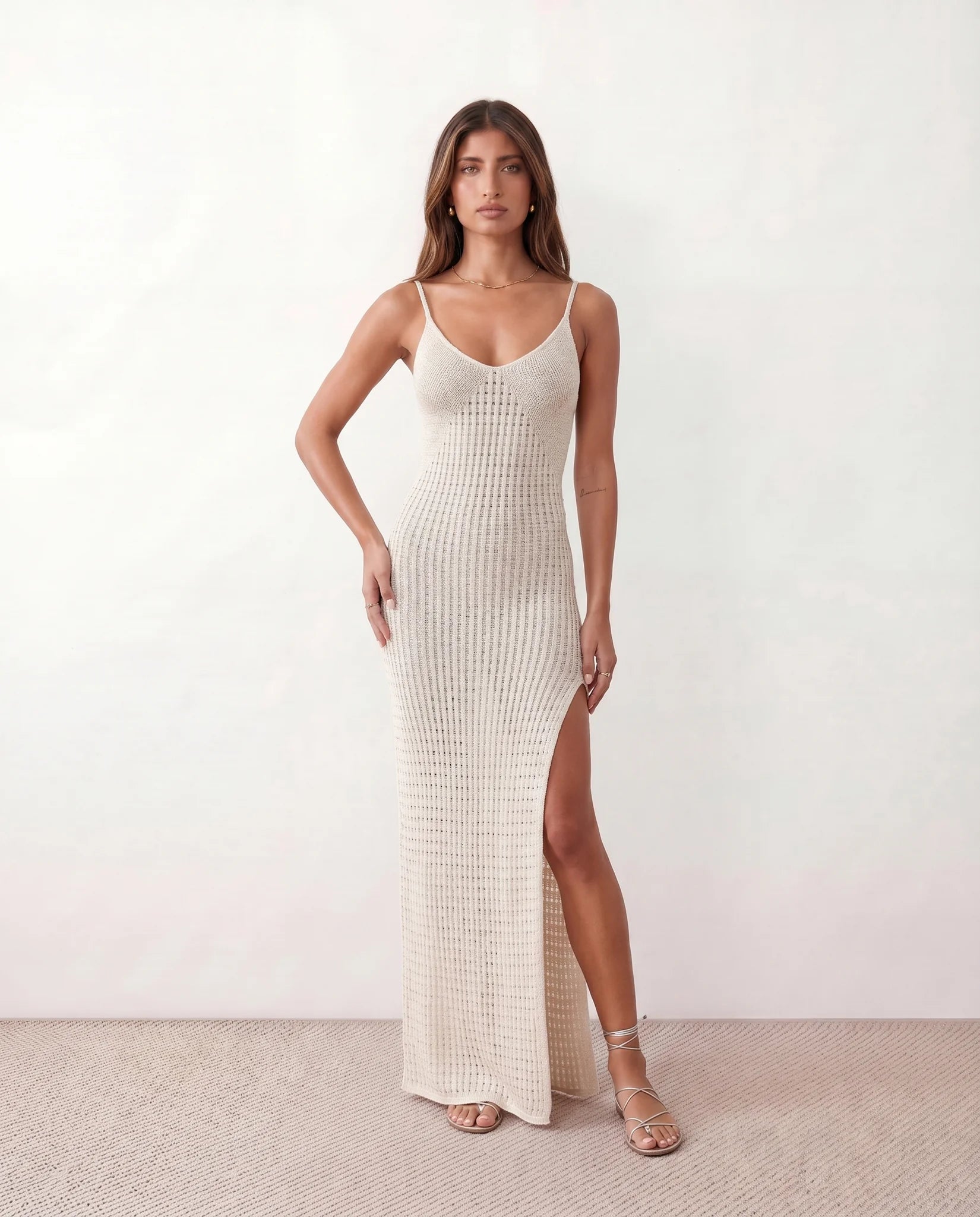Flora Openwork Spaghetti Strap Maxi Dress in White — front view