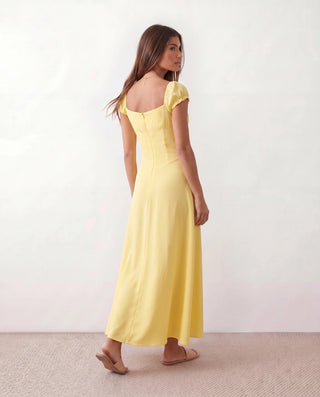 Halle Wedding Guest Sweetheart Maxi Dress in Yellow — back view