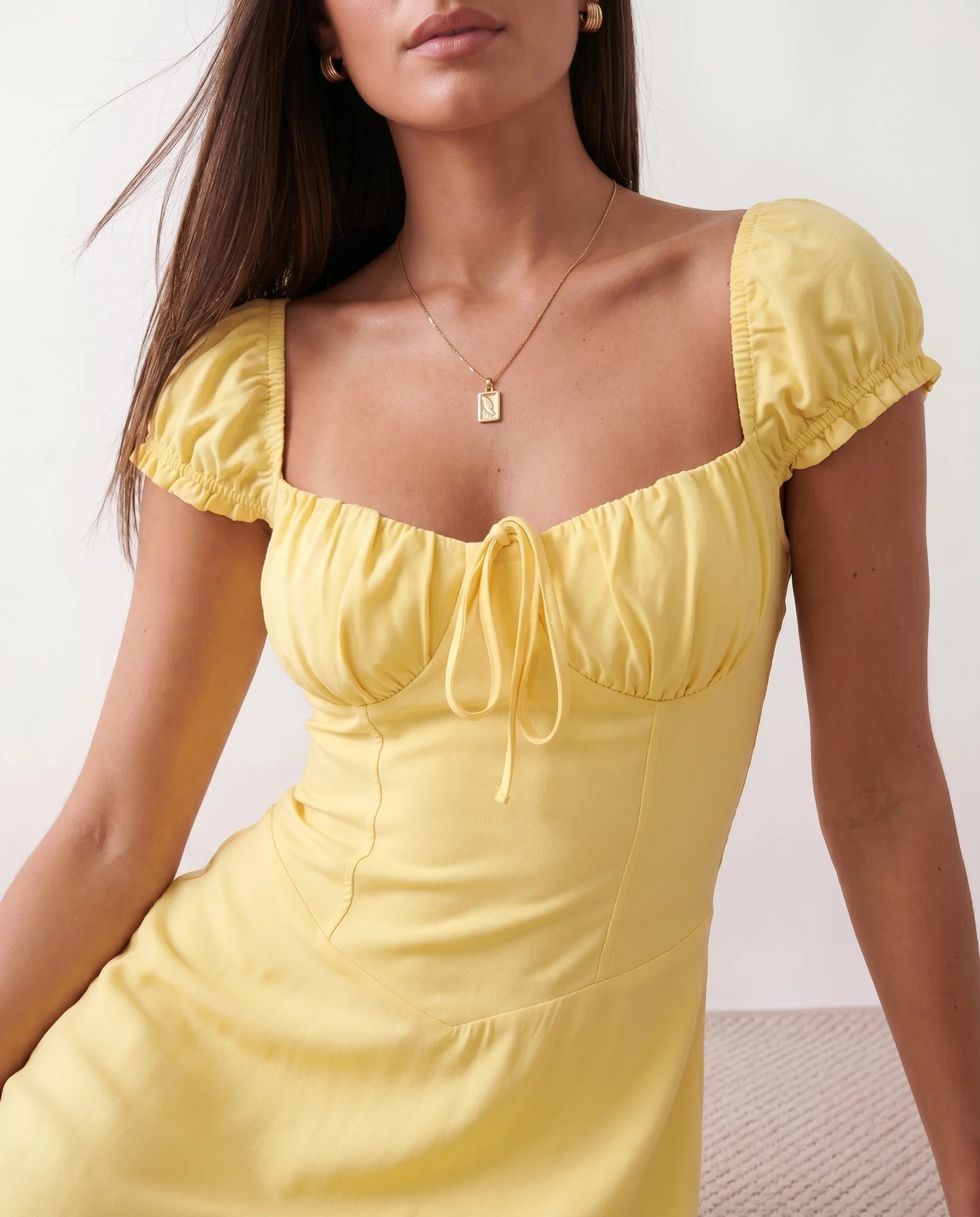 Halle Wedding Guest Sweetheart Maxi Dress in Yellow — detail close-up