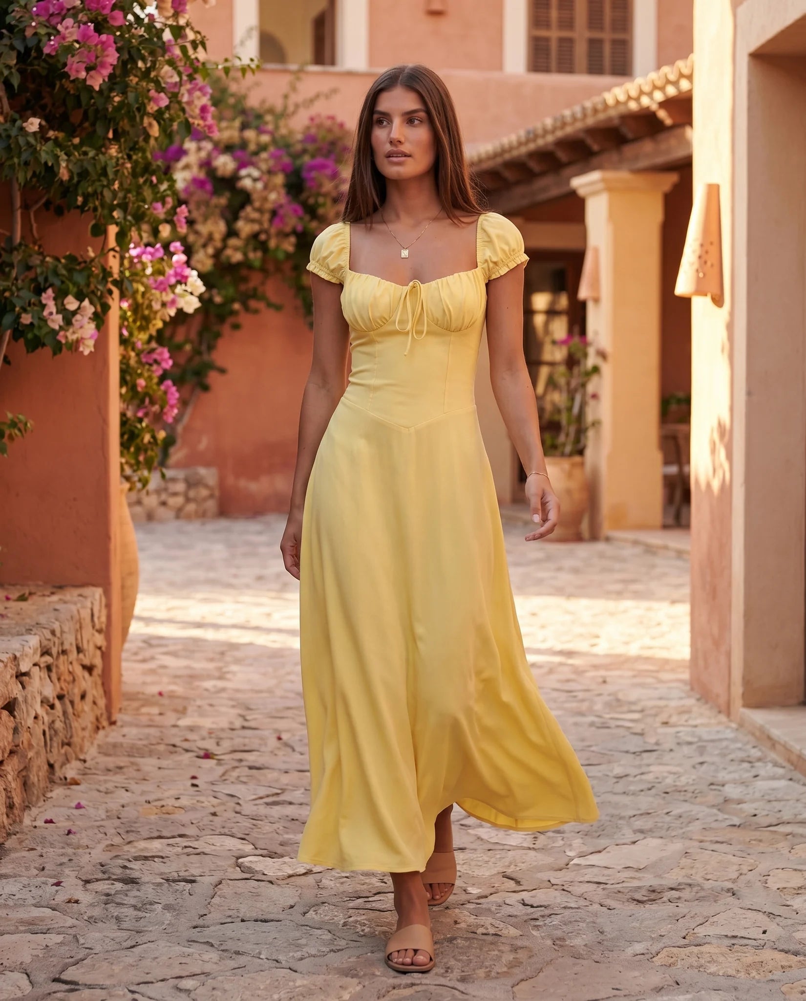 Halle Wedding Guest Sweetheart Maxi Dress in Yellow — lifestyle movement view