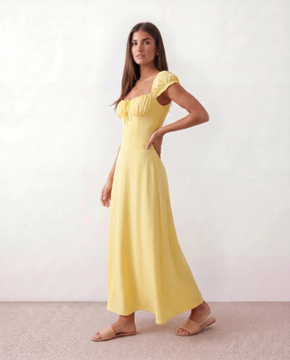 Halle Wedding Guest Sweetheart Maxi Dress in Yellow — side view
