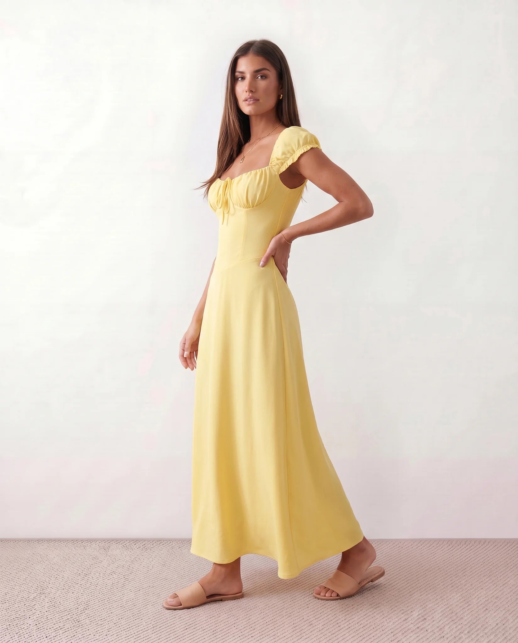 Halle Wedding Guest Sweetheart Maxi Dress in Yellow — side view