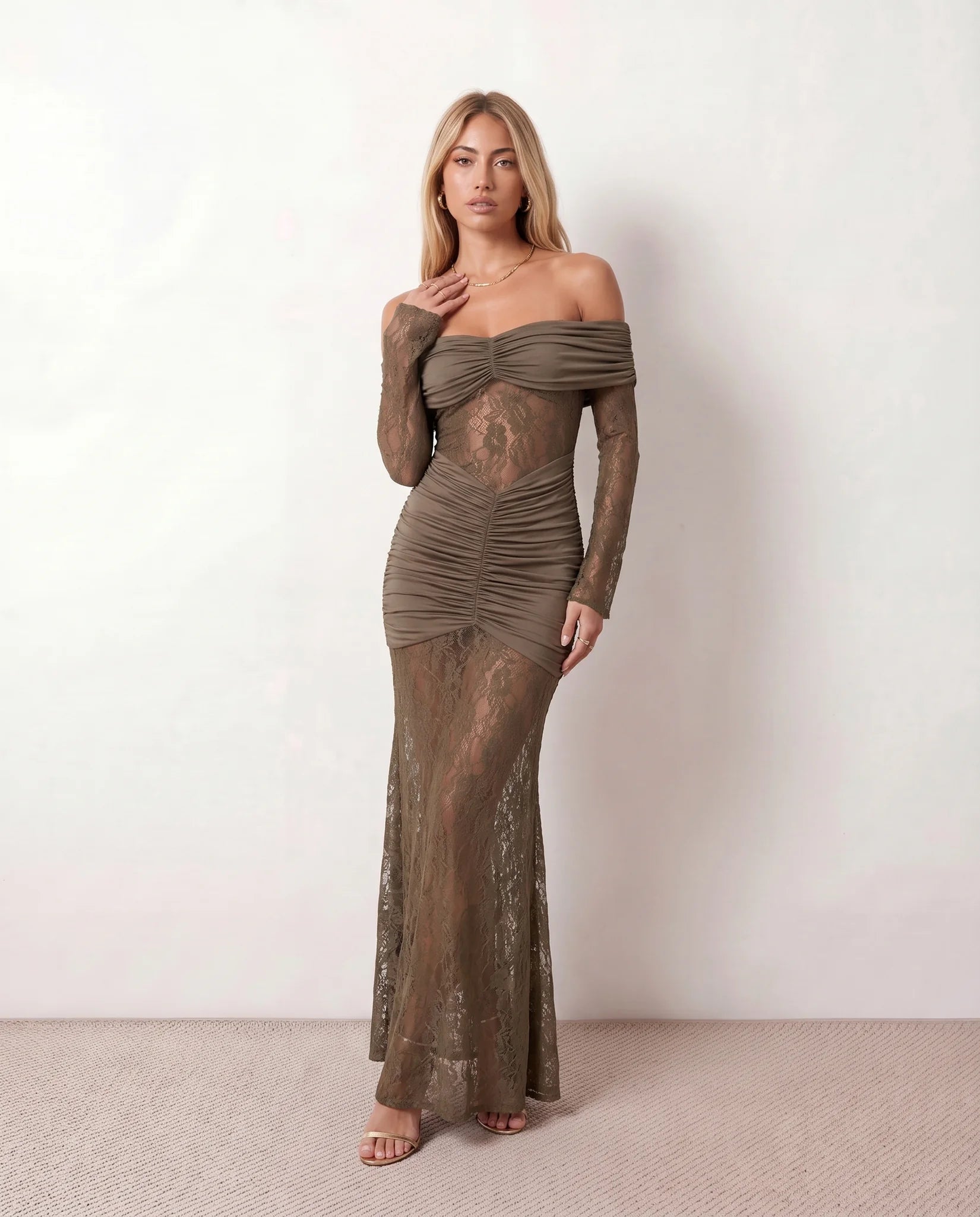 Demi Wedding Guest Lace Maxi Dress in Brown — front view