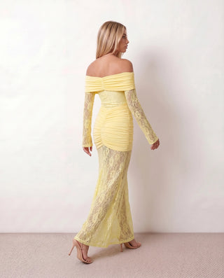 Demi Wedding Guest Lace Maxi Dress in Yellow — back view