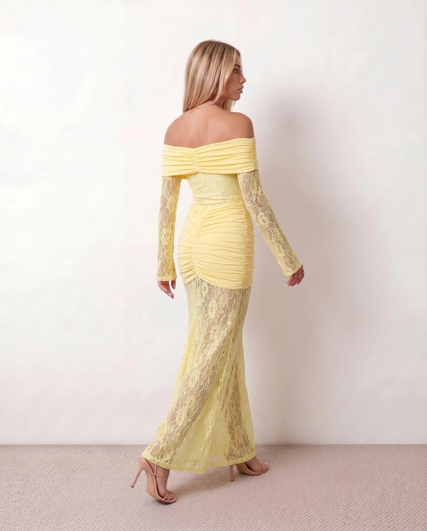 Demi Wedding Guest Lace Maxi Dress in Yellow — back view