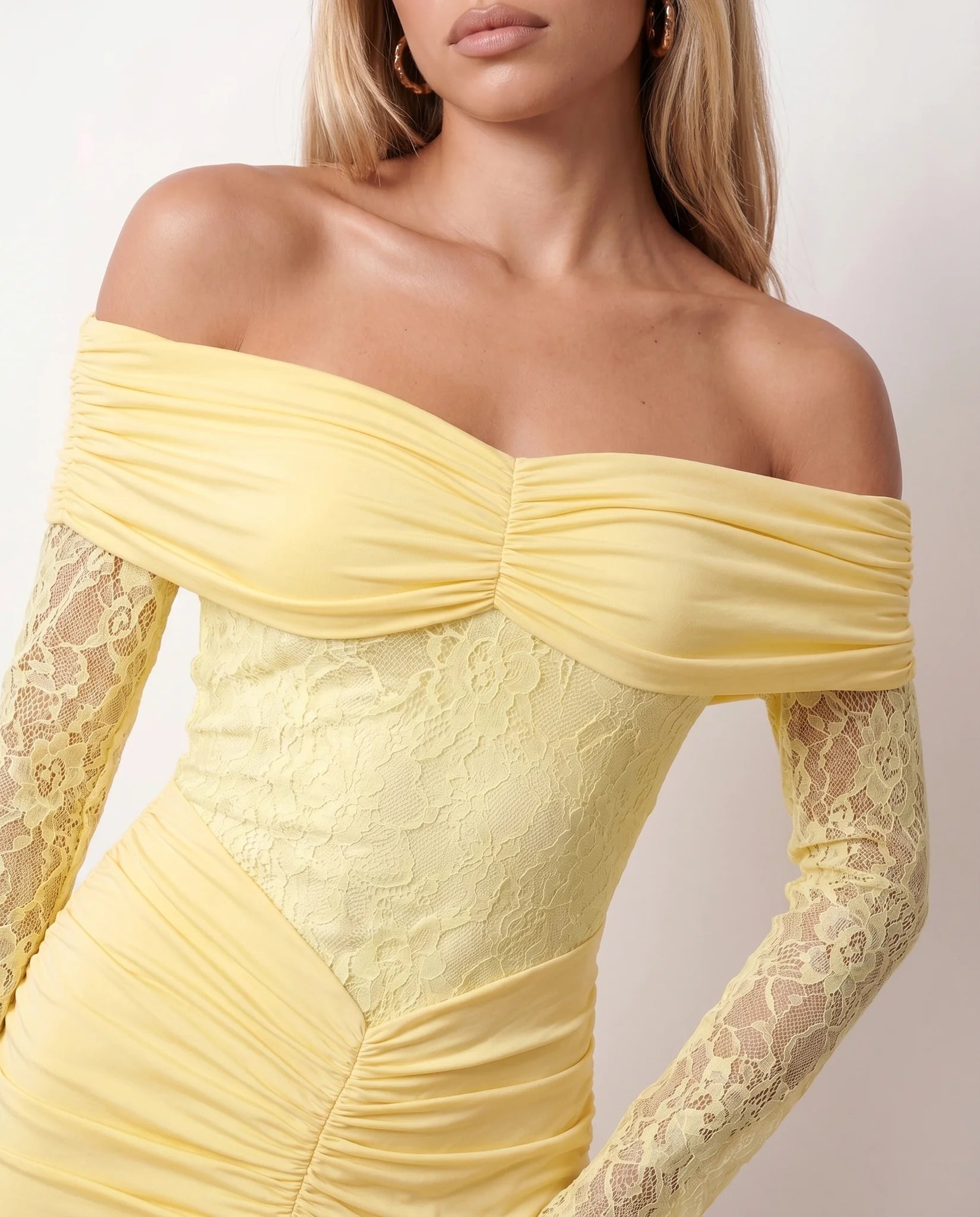 Demi Wedding Guest Lace Maxi Dress in Yellow — detail close-up