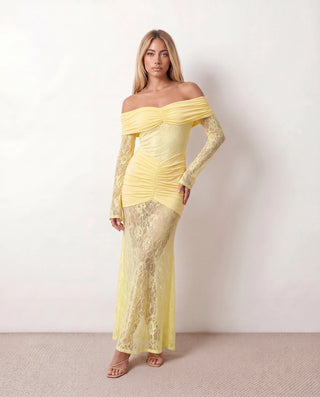 Demi Wedding Guest Lace Maxi Dress in Yellow — front view