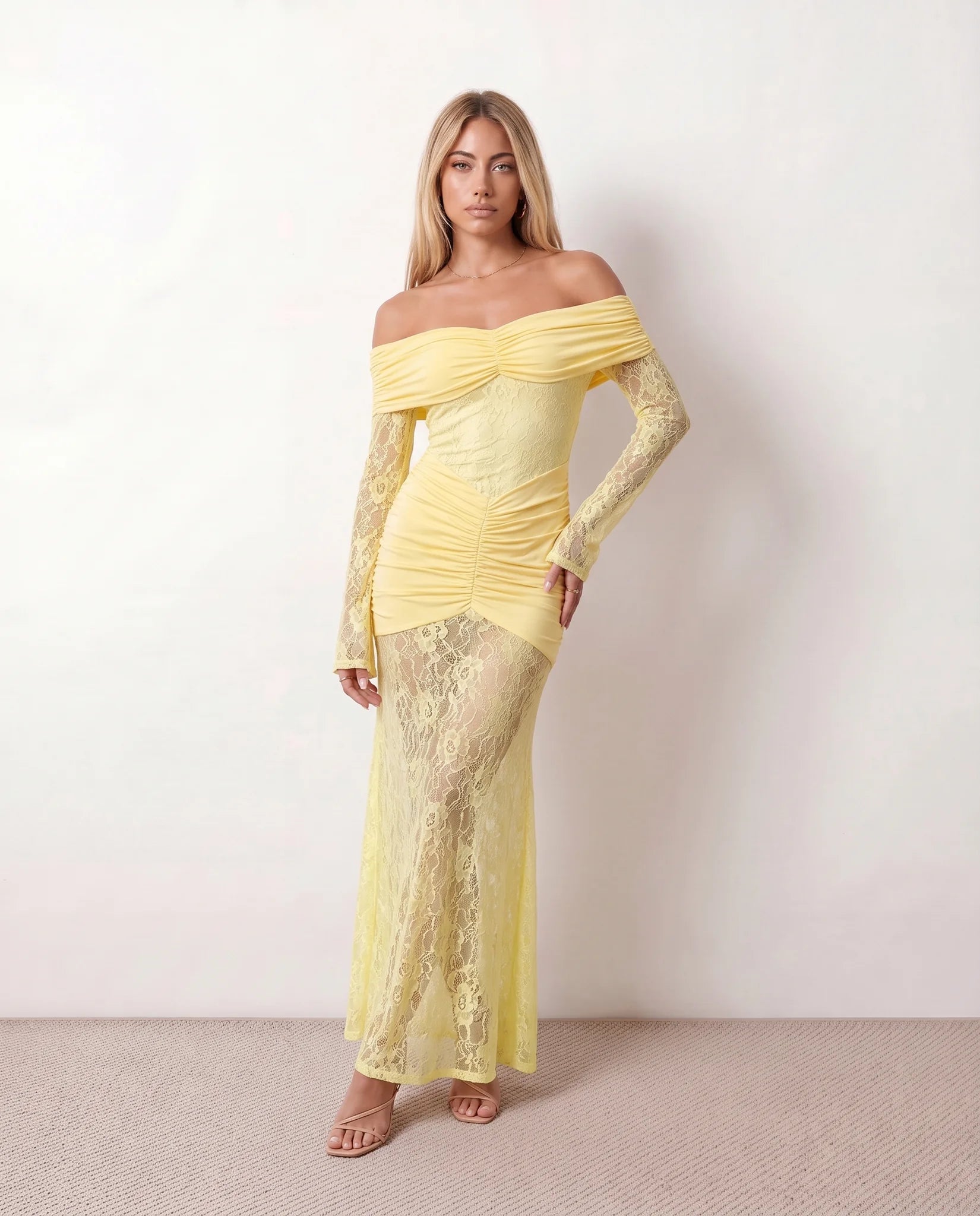 Demi Wedding Guest Lace Maxi Dress in Yellow — front view