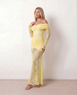 Demi Wedding Guest Lace Maxi Dress in Yellow — side view