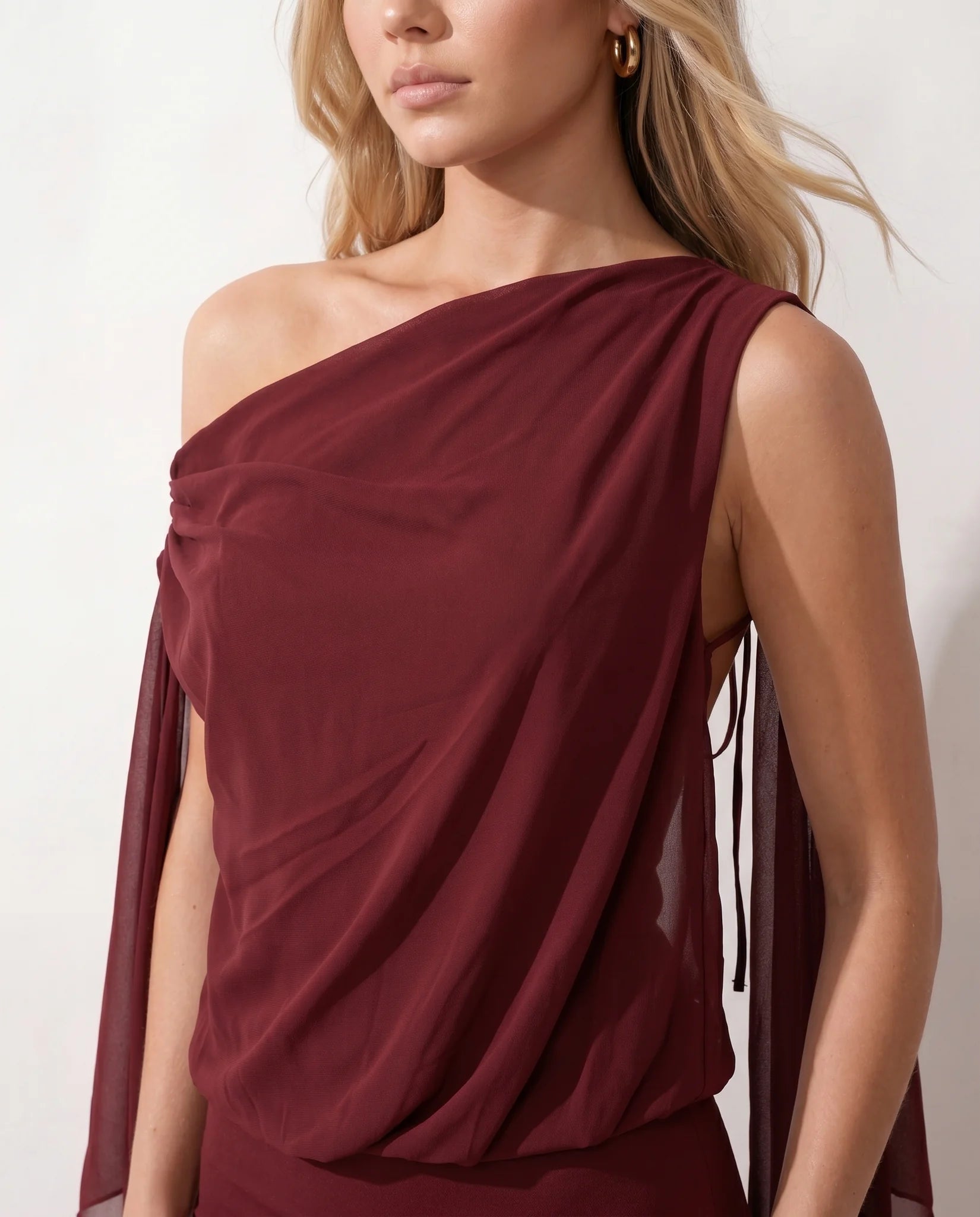 Bea Party Asymmetric Neck Mini Dress in Burgundy — detail close-up