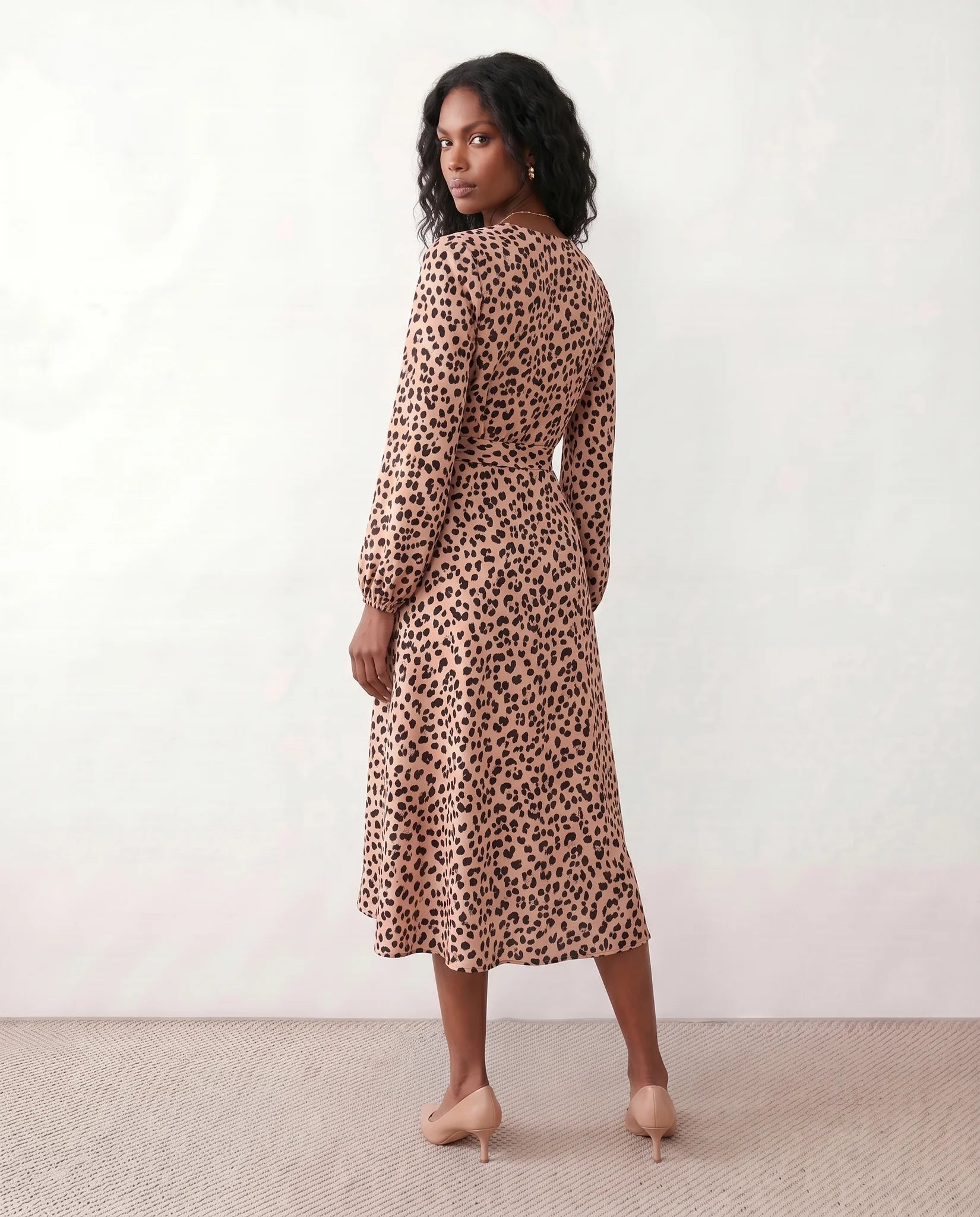 Rosa Cocktail Animal Print Midi Dress in Animal Pink — back view