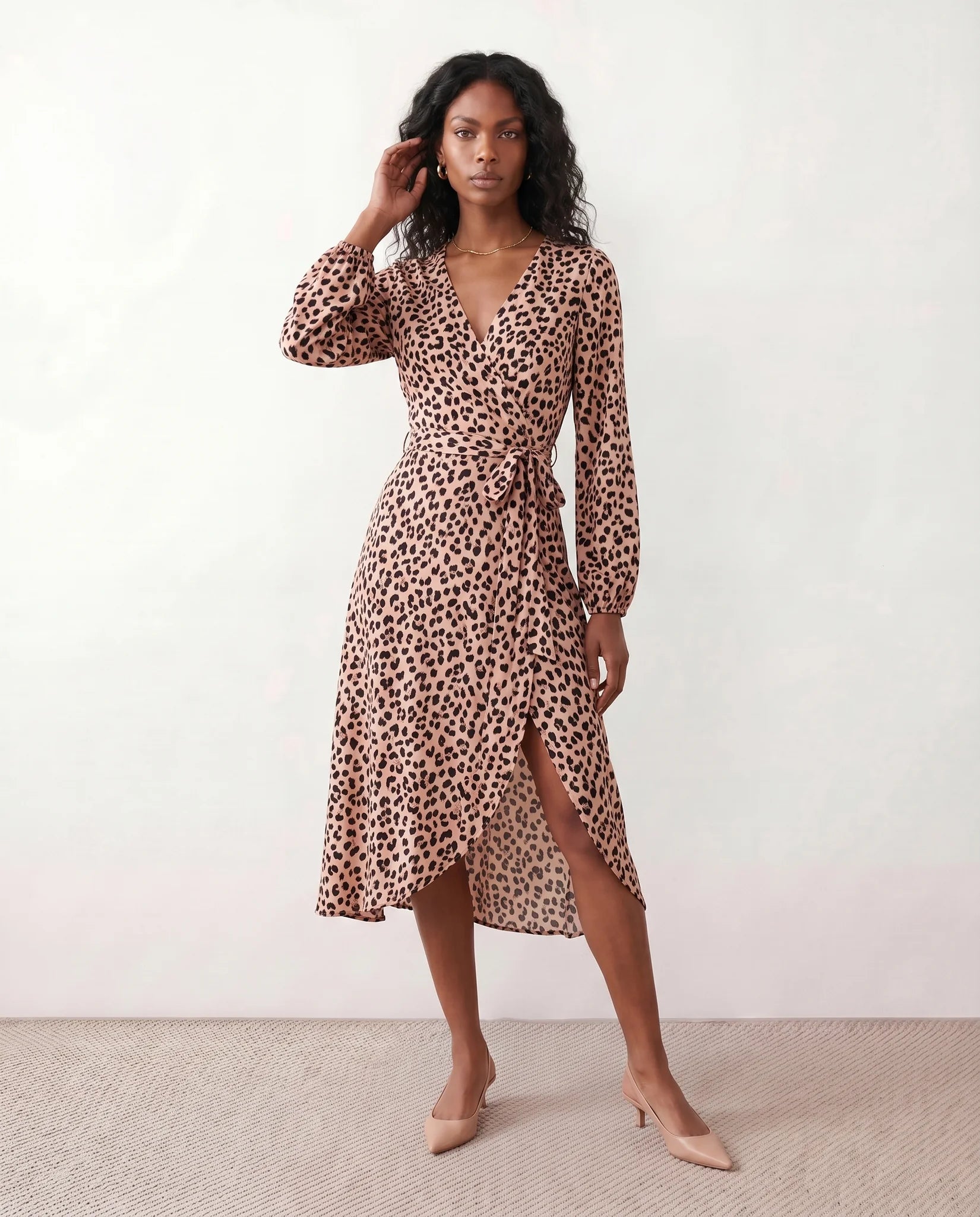 Rosa Cocktail Animal Print Midi Dress in Animal Pink — front view