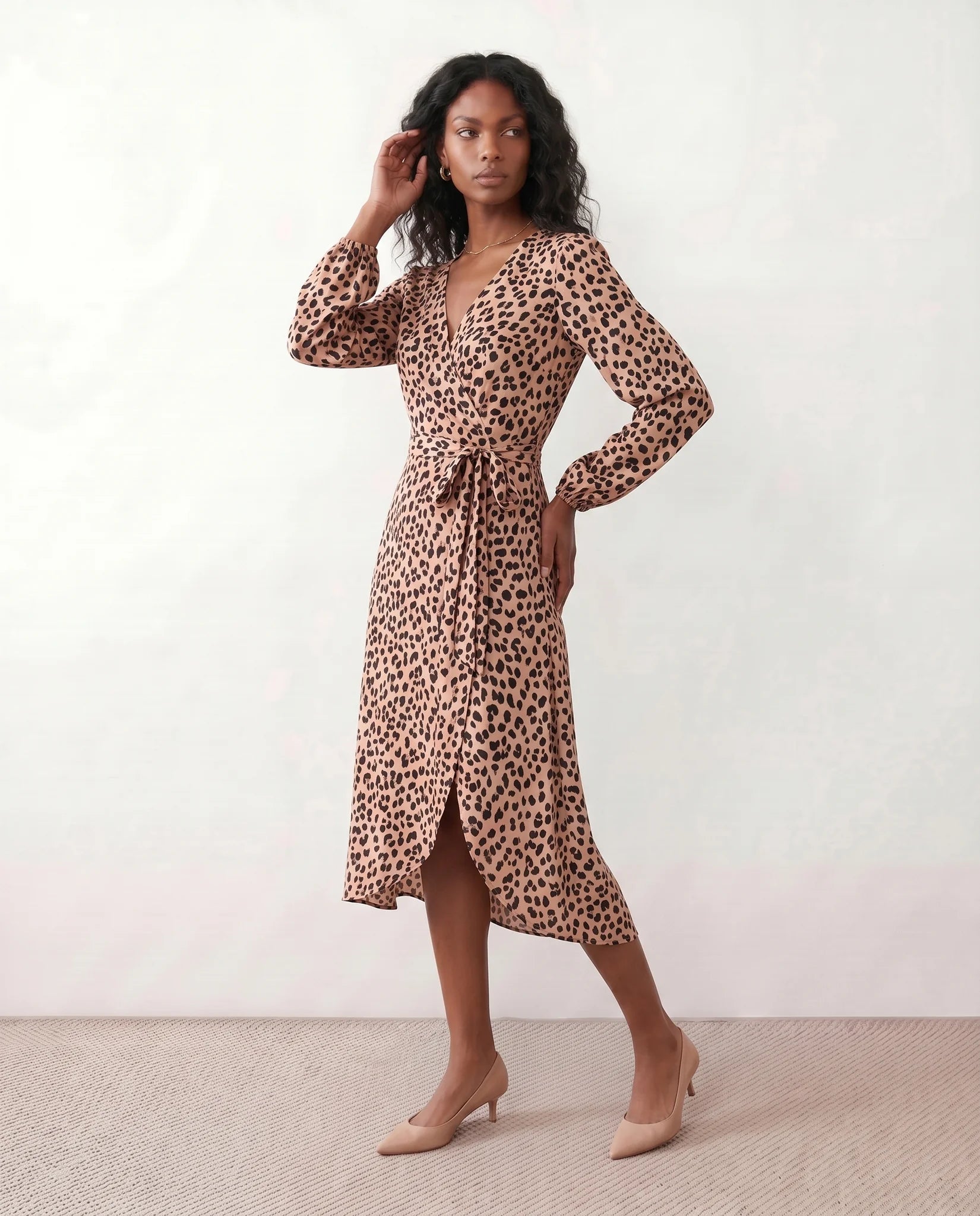 Rosa Cocktail Animal Print Midi Dress in Animal Pink — side view