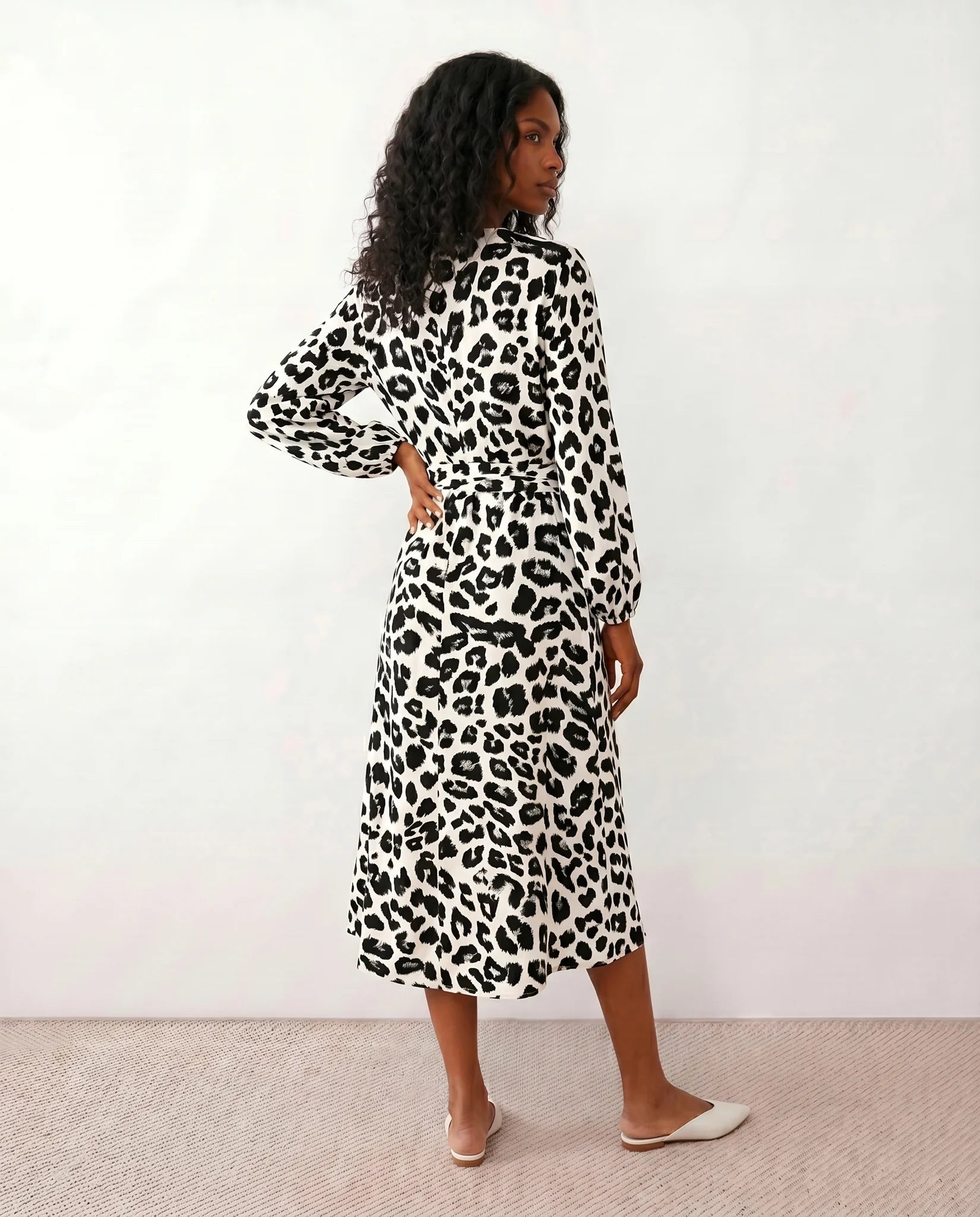 Rosa Cocktail Animal Print Midi Dress in Animal White — back view