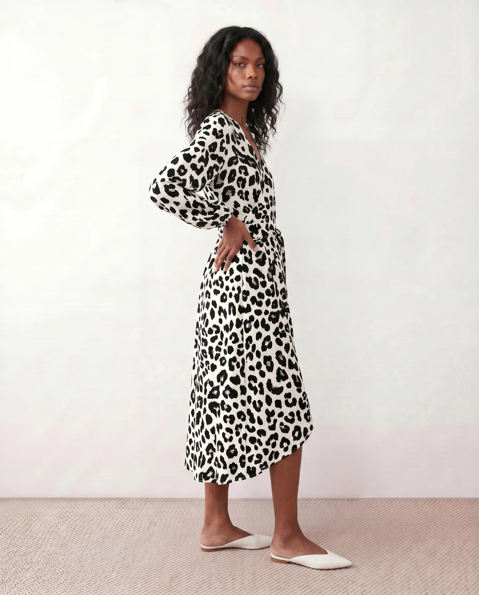 Rosa Cocktail Animal Print Midi Dress in Animal White — side view