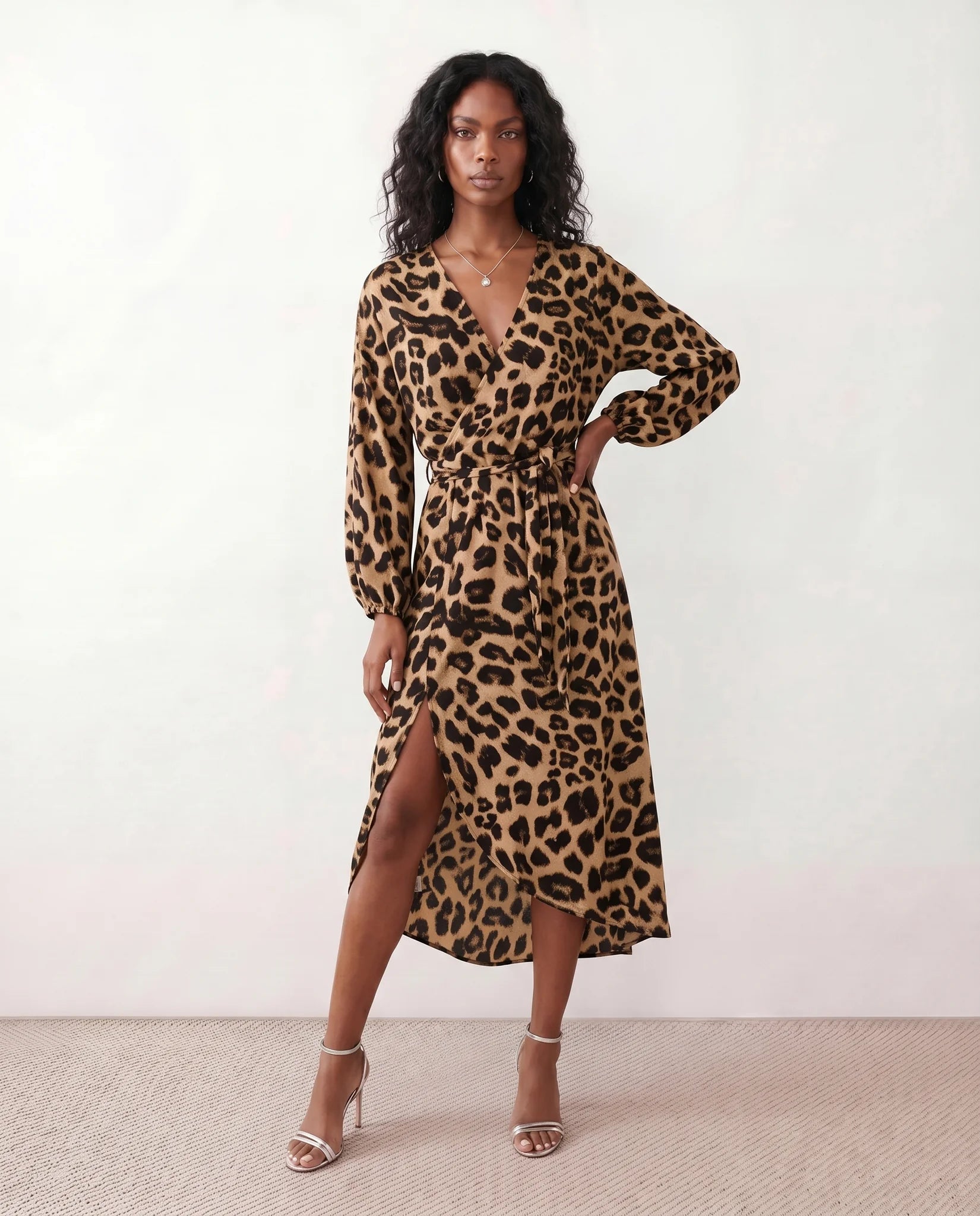 Rosa Cocktail Animal Print Midi Dress in Animal Brown — front view