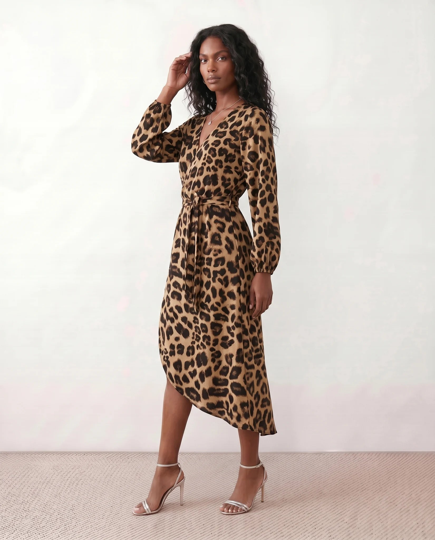 Rosa Cocktail Animal Print Midi Dress in Animal Brown — side view