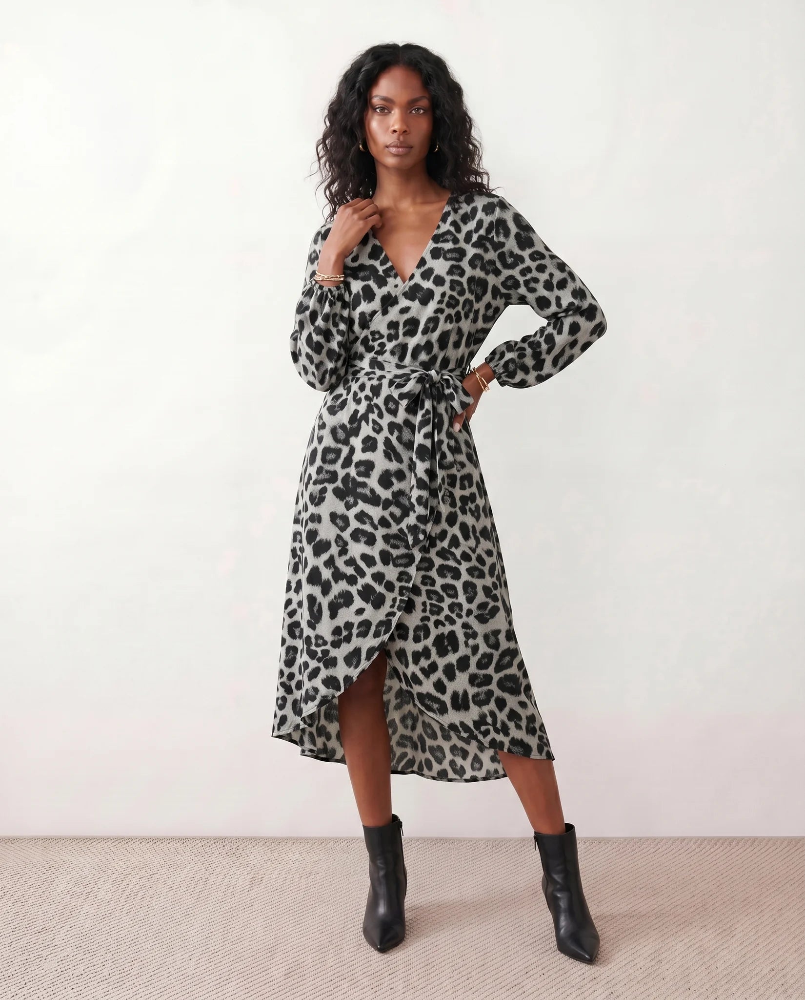 Rosa Cocktail Animal Print Midi Dress in Animal Gray — front view