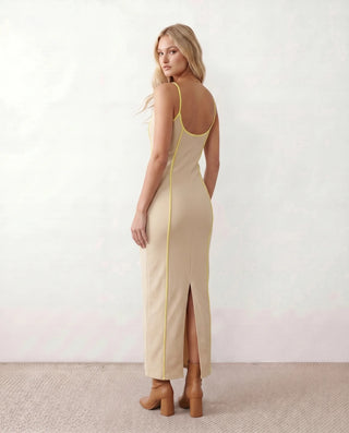 Cora Party Spaghetti Strap Maxi Dress in Beige — back view