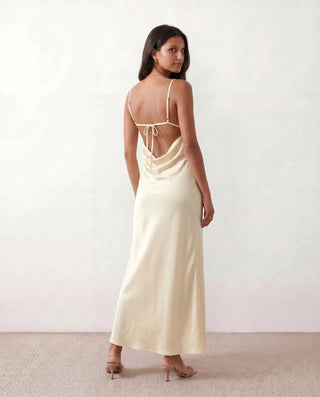 Gia Wedding Guest Glossy Maxi Dress in Beige — back view