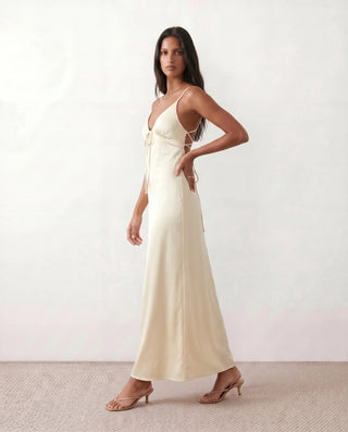 Gia Wedding Guest Glossy Maxi Dress in Beige — side view