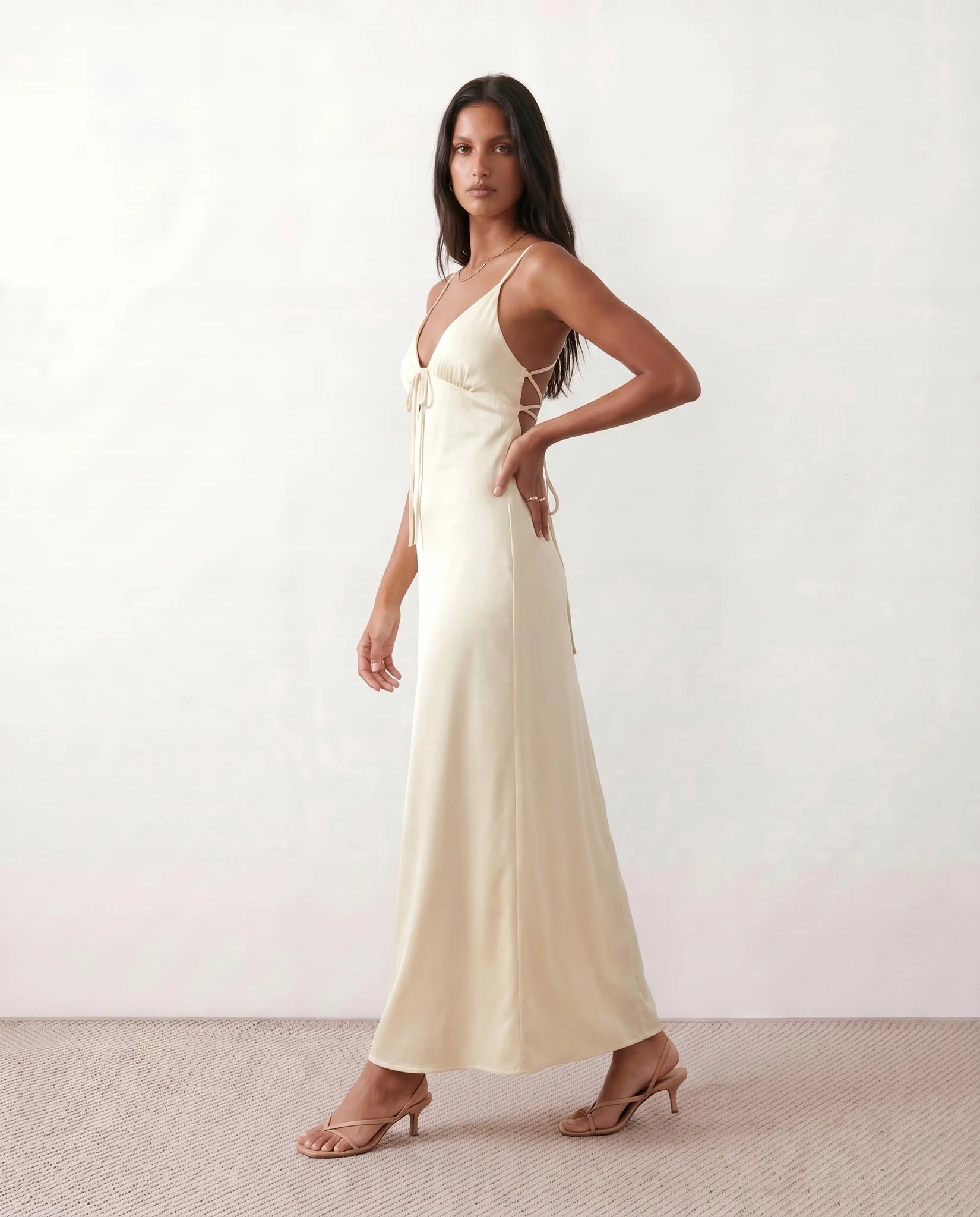 Gia Wedding Guest Glossy Maxi Dress in Beige — side view