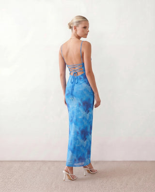Seren Wedding Guest Abstract Print Maxi Dress in Abstract Blue — back view