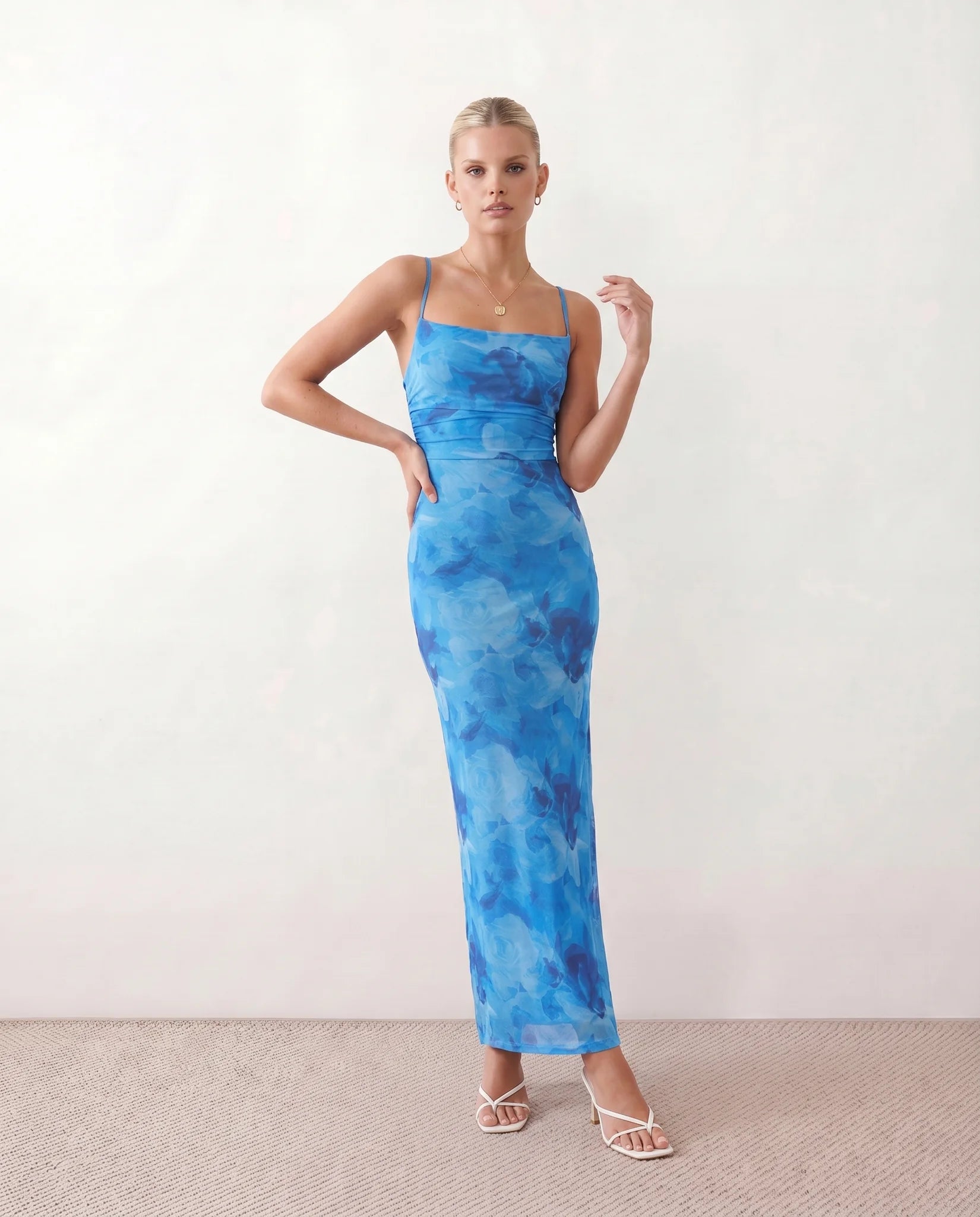 Seren Wedding Guest Abstract Print Maxi Dress in Abstract Blue — front view
