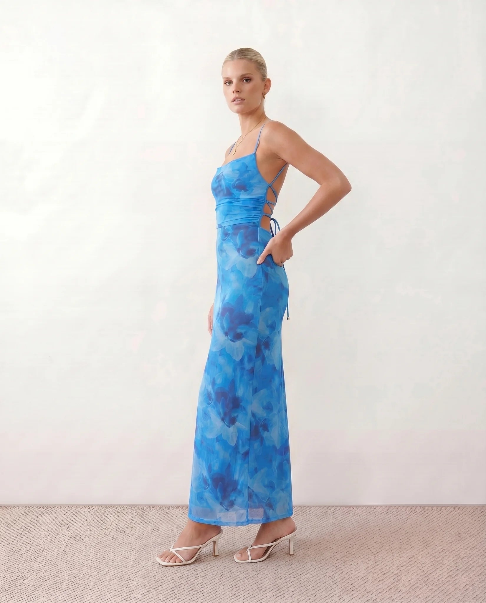 Seren Wedding Guest Abstract Print Maxi Dress in Abstract Blue — side view
