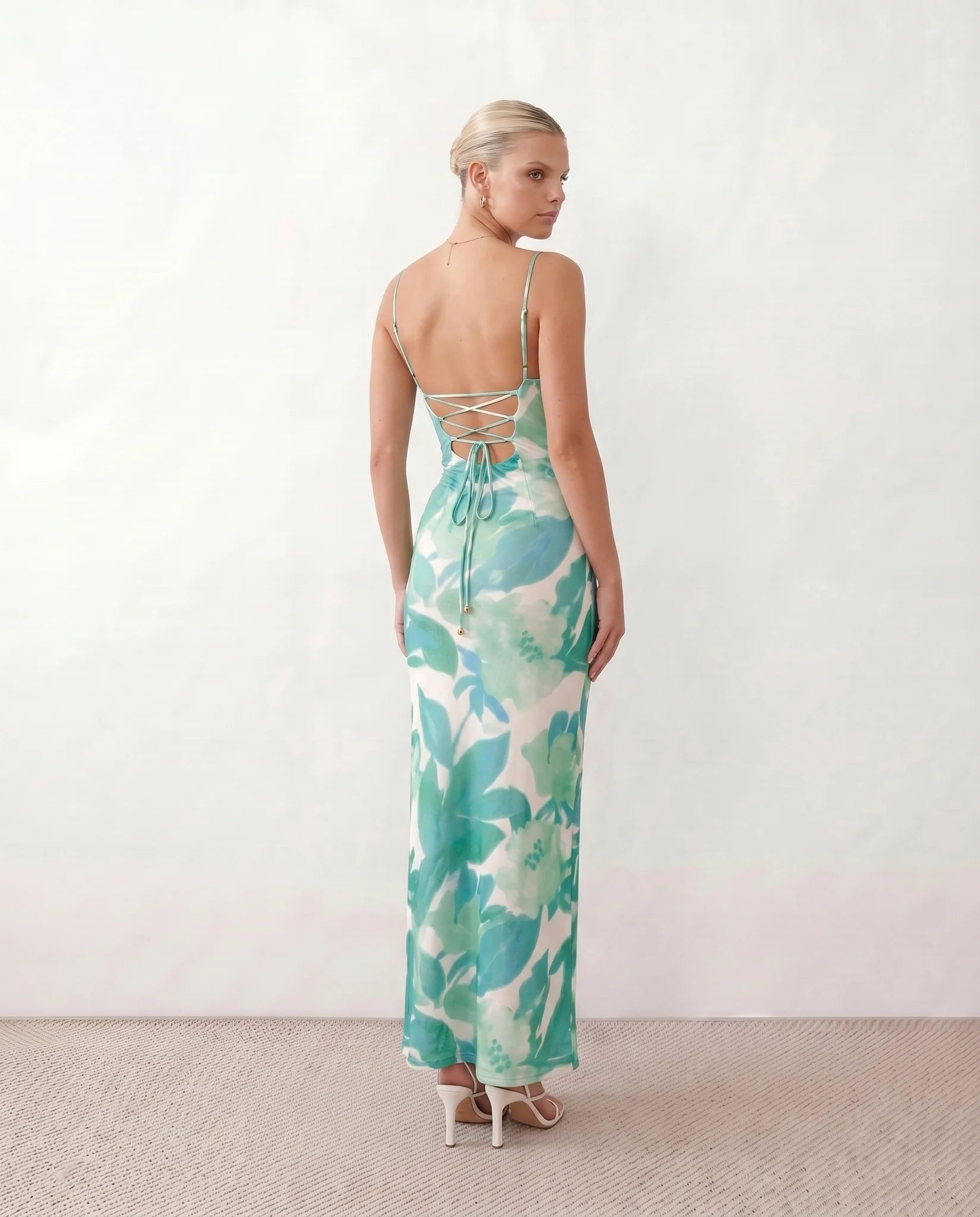 Seren Wedding Guest Abstract Print Maxi Dress in Abstract Green — back view