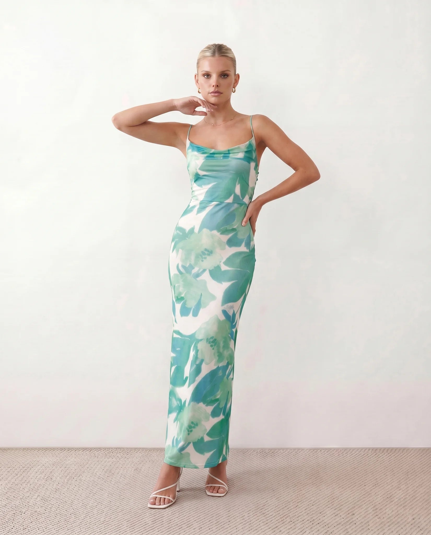Seren Wedding Guest Abstract Print Maxi Dress in Abstract Green — front view
