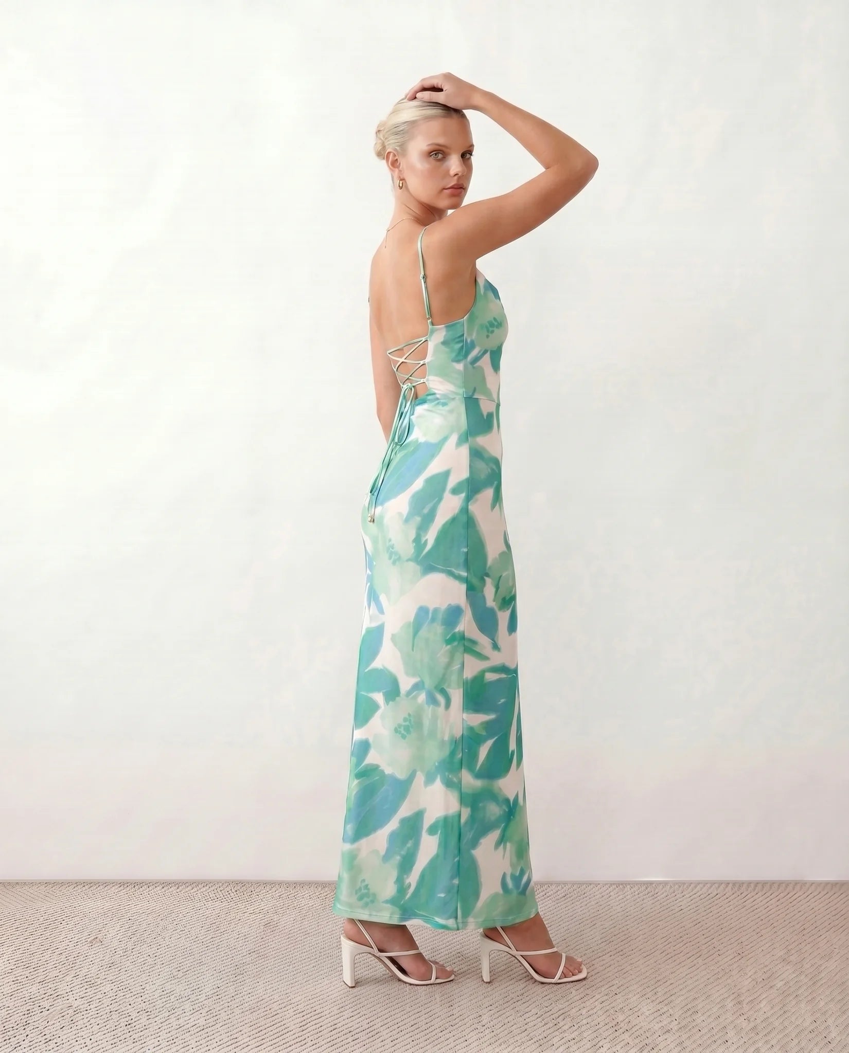 Seren Wedding Guest Abstract Print Maxi Dress in Abstract Green — side view